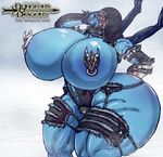  anthro arm_behind_head armor big_breasts big_butt breasts butt clothed clothing dragon english_text female fur hair half-closed_eyes half-dressed hood huge_breasts navel open_mouth pasties piercing plain_background red_eyes roo_(character) smile solo standing text thick_thighs thighs unconvincing_armor wide_hips wings xtrent968 