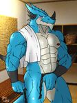  abs anthro biceps big_muscles blue_dragon blue_scales blue_skin blush bracelet bulge claws clothing dragon fangs fundoshi grey_skin handsome hentist horn jewelry kemono loincloth looking_at_viewer male muscles nipples pants pecs pose reptile ryuga_takagi scales scalie solo standing teeth toned topless towel underwear undressing vein yellow_eyes 