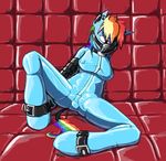  anthro anthrofied ball_gag bdsm blue_fur blush bound cleavage clothed clothing collar ear_piercing equine female friendship_is_magic fur gag gagged hair horse krd mammal multi-colored_hair my_little_pony piercing pony purple_eyes rainbow_dash_(mlp) rainbow_hair solo spread_legs spreading 