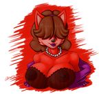  big_areola big_breasts big_lips black_nose bra breasts brown_hair bust canine clothing female fox front fur hair hair_over_eyes hidden hidden_(artist) hidden_orosubi large_areola lipstick mammal milf mother nipples open_shirt parent purple_lips red_body red_fur shirt smile solo underwear 