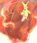  breasts chest_tuft delphox ear_tuft eyes_closed fdokkaku female fire fluffy fur long_furr mammal mane navel nintendo no_nipples pok&#233;mon pok&eacute;mon polearm solo staff tuft video_games 