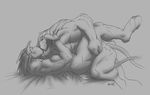  abs anal anal_penetration anthro bed biceps big_muscles bovine duo eyes_closed fur gay gripping hair holding hooves horn kissing kneeling legs_up lying male mammal mehawk minotaur missionary_position monochrome muscles nude on_back pecs penetration sex sketch 