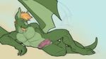  beard blonde_hair blue_eyes claws digitigrade dragon erection facial_hair goatee green_body green_dragon hair knot looking_at_viewer luketh lying male no_swift nude on_side penis plain_background pose reclining scalie solo white_background wings 