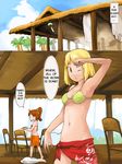  bikini blonde_hair breasts building chair cloth clothed clothing cloud clouds dialog dish english_text female food hair human long_hair looking_at_viewer mammal navel one_eye_closed open_mouth outside palm_tree ponytail raised_arm red_hair skimpy sky smile swimsuit table text vu06 