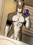  abs anthro balls bathroom bgn biceps big_muscles brown_fur cellphone fur hair iphone kangaroo male mammal marsupial mohawk muscles navel nipples nude pecs penis phone selfie solo sydney_o&#039;connell sydney_o'connell tattoo white_fur white_hair 