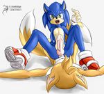  anal_penetration anthro anus arashidrgn balls big_penis canine cowgirl_position duo erection fox gay green_eyes hedgehog humanoid_penis looking_at_viewer lying male mammal miles_prower multiple_tails nude on_back on_top open_mouth penetration penis plain_background sega sex sonic_(series) sonic_the_hedgehog spread_legs spreading straddling tails the white_background 