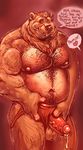  balls bear belly biceps blush body_hair chest_hair chubby dialog dramamine facial_hair goatee grizzly_bear hairy jockstrap looking_at_viewer male mammal masturbation musclegut muscles nipples nude pecs penis precum smile solo text topless underwear vein 