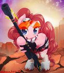  blue_eyes clothing cutie_mark equine eyewear female feral friendship_is_magic fur goggles gun hair horse looking_at_viewer mammal my_little_pony pink_fur pink_hair pinkie_pie_(mlp) pony ranged_weapon solo surgicalarts teats tengen_toppa_gurren_lagann weapon yoko_littner 