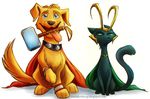  anklet anna_rettberg black_fur blue_eyes canine cape collar cute duo feline feral fur green_eyes hammer helmet loki looking_at_viewer mammal plain_background thor_(deity) tongue tongue_out yellow_fur 