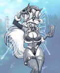  anthro bell bipedal blue_theme breasts canine cellphone cleavage cleavage_cutout clothed clothing collar corset digital_media_(art) female fishnet fluffy_tail fox front_view fur_trim gloves hair halter_top leotard long_hair magolobo mammal nipple_bulge nipples phone selfie smile solo standing thigh-high_boots thigh_socks three-quarter_portrait 