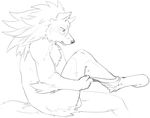  bloody_roar canine dressing fangs male mammal monochrome nude plain_background sketch socks solo white_background wolf yugo_ogami yugo_the_wolf yummyv1rus 