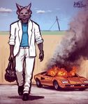  bag black_fur blue_shirt canine car fire fur furrification headlights holding horn hybrid male mammal miami_vice parody serious sligarthetiger smoke solo walking white_jacket white_pants wolf 