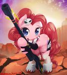  blue_eyes clothing cutie_mark equine female feral friendship_is_magic fur gun hair horse looking_at_viewer mammal my_little_pony nipples pink_fur pink_hair pinkie_pie_(mlp) pony ranged_weapon solo surgicalarts teats tengen_toppa_gurren_lagann weapon yoko_littner 