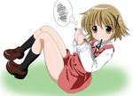  brown_eyes brown_hair fai hidamari_sketch kneehighs paper seifuku short_hair yuno 