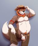  5_fingers anthro assless_chaps balls belly biceps big_penis black_nose brown_fur canine chaps chubby clothed clothing cowboy cowboy_hat flaccid fox fur furrybob half-dressed hat hybrid male mammal muscles navel nipples orange_eyes orange_fur partially_clothed pecs penis plain_background pose pubes rhyzern solo standing uncut wheat wolf 