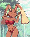  female forest looking_at_viewer lopunny nintendo pok&#233;mon pok&eacute;mon poopysocks9 red_eyes solo swimsuit tree video_games 