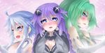  ahoge blanc blue_eyes blue_hair blush braid breasts cleavage elbow_gloves gloves green_hair green_heart hair_ornament heart heart_hands highres large_breasts long_hair looking_at_viewer multiple_girls neptune_(choujigen_game_neptune) neptune_(series) open_mouth planeptune ponytail power_symbol purple_eyes purple_hair purple_heart red_eyes short_hair_with_long_locks sidelocks smile symbol-shaped_pupils twin_braids vert very_long_hair white_heart 
