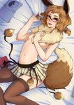  bed blush book breasts brown_eyes brown_hair canine cosplay eevee eyewear female fox fox_ears foxgirl fur glasses grabbing_sheets hair human hybrid legwear leicarna looking_at_viewer lying mammal nintendo on_back on_bed open_mouth pok&#233;ball pok&#233;mon pok&eacute;ball pok&eacute;mon skirt small_breasts solo stockings topless video_games 