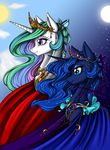  blue_eyes blue_hair bow clothing crown day dress duo equine eyeshadow female feral friendship_is_magic gold hair horn horse jewelry longinius makeup mammal moon multi-colored_hair my_little_pony necklace night pony princess_celestia_(mlp) princess_luna_(mlp) purple_eyes sibling sister sparkles stars sun winged_unicorn wings 
