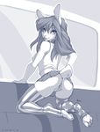  breasts butt clothing erica_andreev female hair lagomorph legwear long_hair looking_at_viewer mammal mini_skirt monochrome presenting presenting_hindquarters pussy rabbit shirt skirt smile sofa solo stockings toeless_socks wolfy-nail 