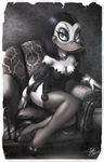  avian black_and_white black_hair breasts chair choker cleavage clothed clothing dress duck female fernando_faria flower greyscale hair heels legwear magica_de_spell monochrome short_hair sitting smile solo stockings thick_thighs thighs white_skin 
