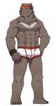  amber_eyes anthro bandanna barefoot bear biceps big_muscles black_nose boxers bulge chest_tuft claws fur grey_fur grin male mammal markings muscles pecs plain_background pose robbw smile solo standing toe_claws toned topless tuft underwear white_background wristband 