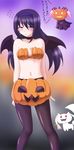  akemi_homura black_hair black_legwear blush hairband hayashiya_zankurou highres jack-o'-lantern kaname_madoka kyubey looking_at_viewer mahou_shoujo_madoka_magica multiple_girls navel panties panties_under_pantyhose pantyhose pink_hair pumpkin_bra pumpkin_panties purple_eyes translated twintails underwear wings 