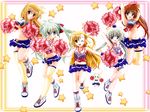  bicolored_eyes black_junk blonde_hair blue_eyes blush brown_hair cheerleader corona_timir einhart_stratos fate_testarossa gray_hair green_eyes green_hair long_hair mahou_shoujo_lyrical_nanoha mahou_shoujo_lyrical_nanoha_strikers mahou_shoujo_lyrical_nanoha_vivid navel purple_eyes red_eyes skirt socks takamachi_nanoha thighhighs twintails underboob vivio wink 