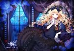  blonde_hair bow chain crescent dress flower gothic_lolita hair_bow lolita_fashion long_hair night original red_eyes rinko_(mg54) rose sitting smile solo 