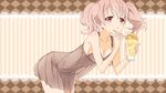  blush cleavage dress drink food inu_x_boku_ss pink_eyes pink_hair roromiya_karuta saotome_masaya short_hair twintails 