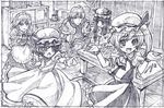  armor blush book braids buront crossover dress final_fantasy final_fantasy_xi flandre_scarlet group hat headdress izayoi_sakuya long_hair maid monochrome patchouli_knowledge pointed_ears remilia_scarlet short_hair sketch touhou zaxzero 