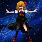  ascot blonde_hair fang flying hair_ribbon highres night open_mouth outstretched_arms red_eyes ribbon rumia short_hair sky smile spread_arms star_(sky) starry_sky suikyou_(aqua_cities) touhou vest 