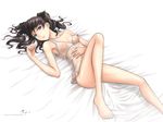  adam700403 barefoot black_hair blue_eyes breasts fate/stay_night long_hair nipples nopan ribbons see_through signed tohsaka_rin twintails white 