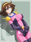  blue_eyes bodysuit breasts brown_hair choker earrings g_gundam gundam hairband jewelry large_breasts mobile_trace_suit onda_takeshi pink_bodysuit rain_mikamura short_hair skin_tight solo 