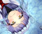  blue_hair close-up crying crying_with_eyes_open doyouwantto frown hair_ribbon headgear highres kantai_collection long_hair murakumo_(kantai_collection) partially_submerged ribbon solo tears water yellow_eyes 