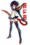  bad_id bad_pixiv_id boots breasts full_body kill_la_kill matoi_ryuuko medium_breasts multicolored_hair navel px2011 revealing_clothes scissor_blade senketsu short_hair simple_background smile solo suspenders sword thigh_boots thighhighs two-tone_hair underboob weapon white_background 