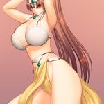  1girl armpits arms_up bra breasts brown_hair cosplay curvy dragon_quest dragon_quest_iv fatal_fury female fusion hair_ornament huge_breasts king_of_fighters konekonewasabii loincloth long_hair long_ponytail manya minea ponytail red_eyes shiranui_mai simple_background snk solo square_enix standing underwear 