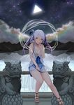  bad_id bad_pixiv_id bamboo breasts brown_eyes cleavage cloud dress hagoromo highres lavender_hair medium_breasts multicolored_hair night night_sky original purple_hair sandals shawl shiisaa sitting sky solo star_(sky) thinnesta triangle two-tone_hair 