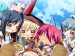  5girls antenna_hair black_hair blonde_hair blush chopsticks chouun food game_cg kan&#039;u kan'u katagiri_hinata koihime_musou kouchuu long_hair multiple_girls pink_hair ponytail ryofu shokatsuryou short_hair tattoo 