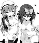  2girls backpack bag bikini blush bow breasts fingering girl_on_top greyscale hair_bow hat kneeling long_hair looking_at_viewer medium_breasts micro_bikini monochrome multiple_girls navel nipples original randoseru revealing_clothes short_hair skindentation swimsuit takakura thighhighs 