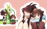  2boys 2girls black_(pokemon) black_wristband blue_shorts bound brown_hair brown_pants creature creatures_(company) dual_persona eyes_closed game_freak gen_5_pokemon laughing long_hair long_sleeves luo-qin multiple_boys multiple_girls nintendo pants pink_background pokemon pokemon_(creature) pokemon_special ponytail red_eyes serperior shirt short_shorts shorts sidelocks simple_background sitting sleeveless sleeveless_shirt sweater tears tied_hair tied_up vest white_(pokemon) 