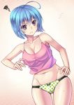  :&lt; ahoge annoyed bad_id bad_pixiv_id bare_arms bare_shoulders blue_hair bob_cut bow bow_panties breasts bug bug_bite camisole cleavage collarbone cowboy_shot dutch_angle frown hand_on_hip insect junnkinn large_breasts lowleg lowleg_panties mosquito navel original panties polka_dot polka_dot_panties purple_eyes short_hair slit_pupils solo squiggle striped striped_background underwear underwear_only 