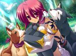  1girl antenna_hair bird blush cat dog game_cg katagiri_hinata koihime_musou outdoors pink_eyes pink_hair ryofu short_hair tattoo 