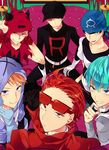  aqua_hair bandana baseball_cap blonde_hair blue_eyes clothes_writing couch gloves grin hat hood hoodie looking_at_viewer multiple_boys pokemon pokemon_(game) red_hair smile sunglasses team_aqua team_aqua_grunt team_flare team_flare_grunt team_galactic team_galactic_grunt team_magma team_magma_grunt team_plasma team_plasma_grunt team_rocket team_rocket_grunt tobari_(brokenxxx) uniform 