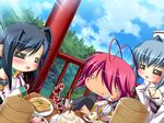  3girls antenna_hair black_hair blush chopsticks chouun food game_cg kan&#039;u kan'u katagiri_hinata koihime_musou long_hair multiple_girls pink_hair ponytail ryofu shokatsuryou short_hair tattoo 