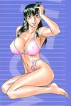  adjusting_hair bikini black_hair blush breasts covered_nipples green_eyes large_breasts long_hair looking_at_viewer navel original smile solo swimsuit umetani_kenji 