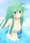  bikini breasts collarbone frog_hair_ornament green_eyes green_hair hair_ornament highres innertube kochiya_sanae large_breasts long_hair nigo_(aozoragarou) solo striped striped_bikini swimsuit touhou 