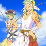  1girl :d ^_^ armlet ascot bad_id bad_pixiv_id bandages belt blue_eyes brother_and_sister carlos_(rune_factory) choker closed_eyes cloud day dot_nose feathers fingerless_gloves fingernails fishing_rod flower fur_trim gloves green_hair grin hair_between_eyes hairband hand_on_hip happy hat hat_flower headband ion_(rune_factory) jewelry looking_at_viewer miniskirt navel necklace omukb open_mouth rune_factory rune_factory_3 sailor_collar short_hair siblings skirt sky smile tan tank_top tattoo teeth very_short_hair 