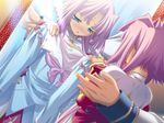  1girl blue_eyes blush dress game_cg hikage_eiji koihime_musou mirror pink_hair sonken 