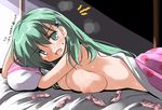  after_sex aqua_eyes aqua_hair blanket blush breast_press breasts condom hairband hat kantai_collection large_breasts long_hair looking_at_viewer nipples open_mouth solo suzuya_(kantai_collection) top_hat translation_request tsuzuri_(tuzuri) used_condom 